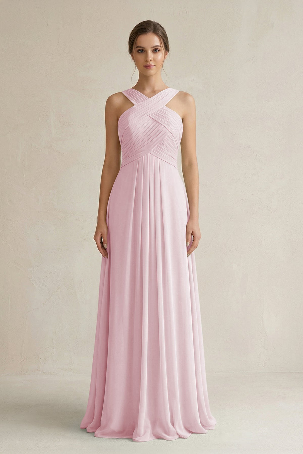 Cross Halter Chiffon A - Line Pleated Bridesmaid Dress in Candy Pink - SHE IS ME Bridesmaid Dresses