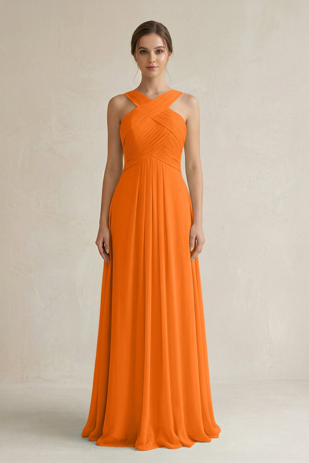 Cross Halter Chiffon A - Line Pleated Bridesmaid Dress in Cinnamon - SHE IS ME Bridesmaid Dresses