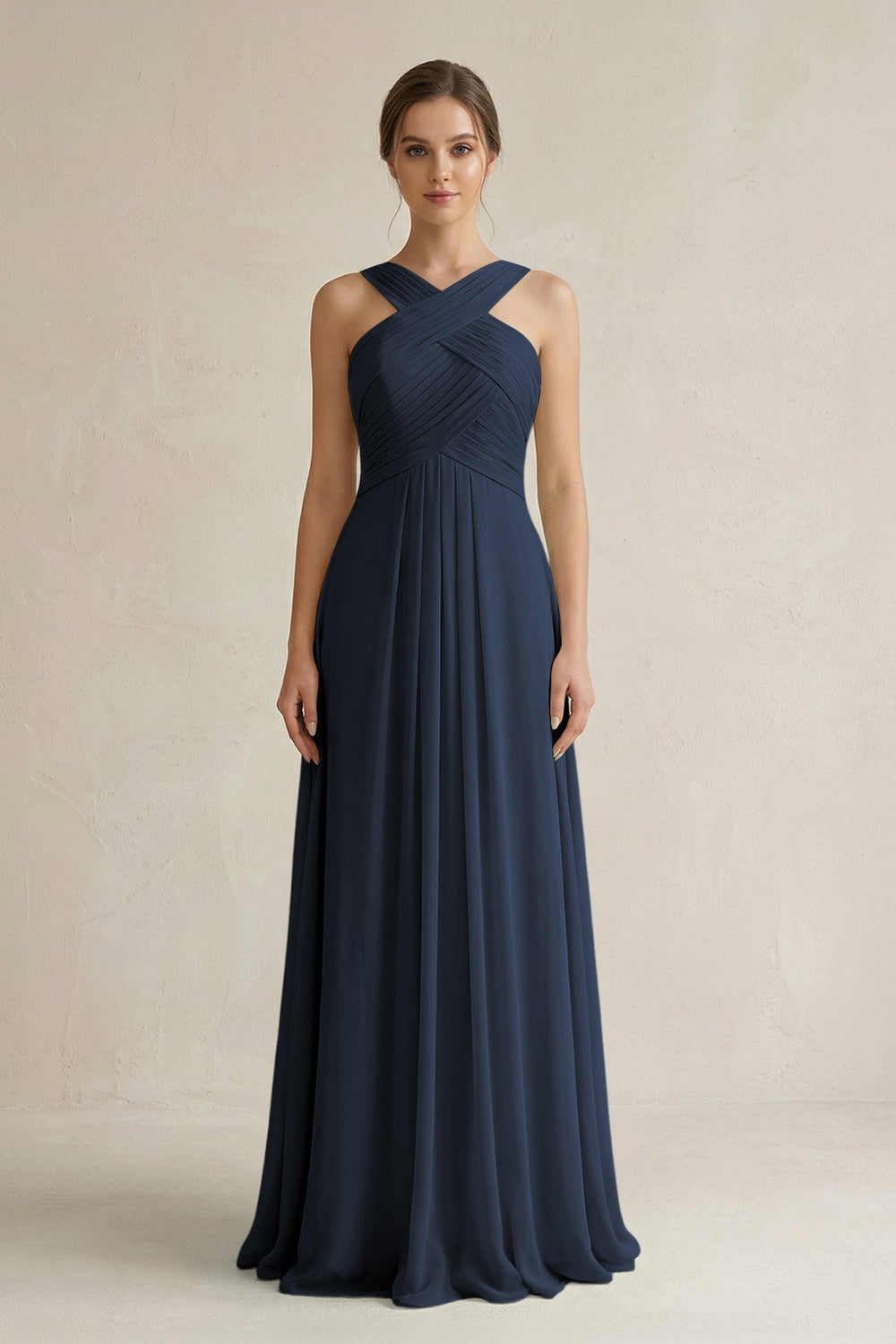 Cross Halter Chiffon A - Line Pleated Bridesmaid Dress in Dark Navy - SHE IS ME Bridesmaid Dresses