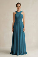 Cross Halter Chiffon A - Line Pleated Bridesmaid Dress in Dark Teal - SHE IS ME Bridesmaid Dresses