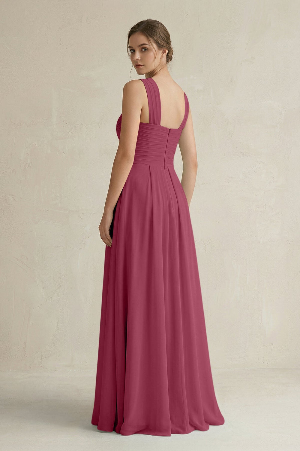 Cross Halter Chiffon A - Line Pleated Bridesmaid Dress in Desert Rose - SHE IS ME Bridesmaid Dresses