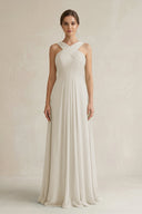 Cross Halter Chiffon A - Line Pleated Bridesmaid Dress in Dove Gray - SHE IS ME Bridesmaid Dresses