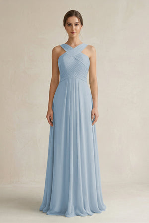 Cross Halter Chiffon A - Line Pleated Bridesmaid Dress in Dusty Blue - SHE IS ME Bridesmaid Dresses