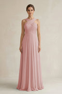 Cross Halter Chiffon A - Line Pleated Bridesmaid Dress in Dusty Rose - SHE IS ME Bridesmaid Dresses