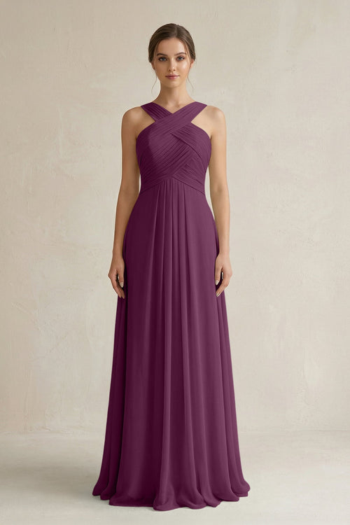 Cross Halter Chiffon A - Line Pleated Bridesmaid Dress in Fig - SHE IS ME Bridesmaid Dresses