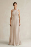 Cross Halter Chiffon A - Line Pleated Bridesmaid Dress in Frost - SHE IS ME Bridesmaid Dresses