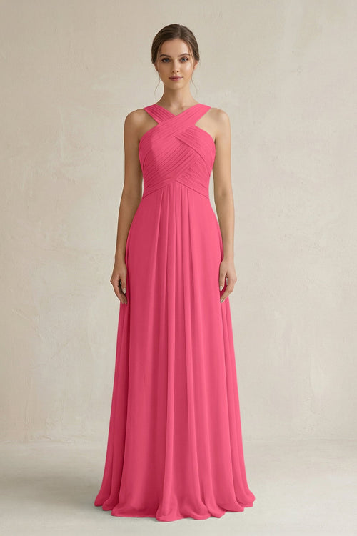 Cross Halter Chiffon A - Line Pleated Bridesmaid Dress in Fuchsia - SHE IS ME Bridesmaid Dresses