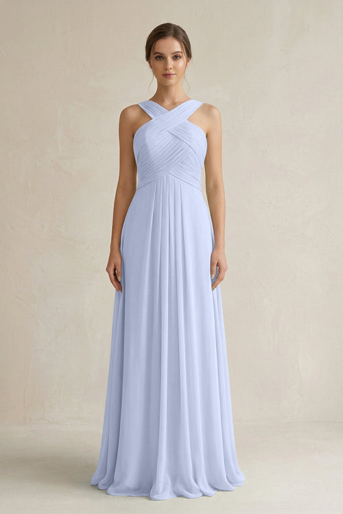 Cross Halter Chiffon A - Line Pleated Bridesmaid Dress in Ice - SHE IS ME Bridesmaid Dresses
