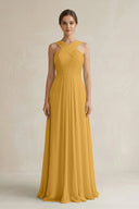 Cross Halter Chiffon A - Line Pleated Bridesmaid Dress in Marigold - SHE IS ME Bridesmaid Dresses