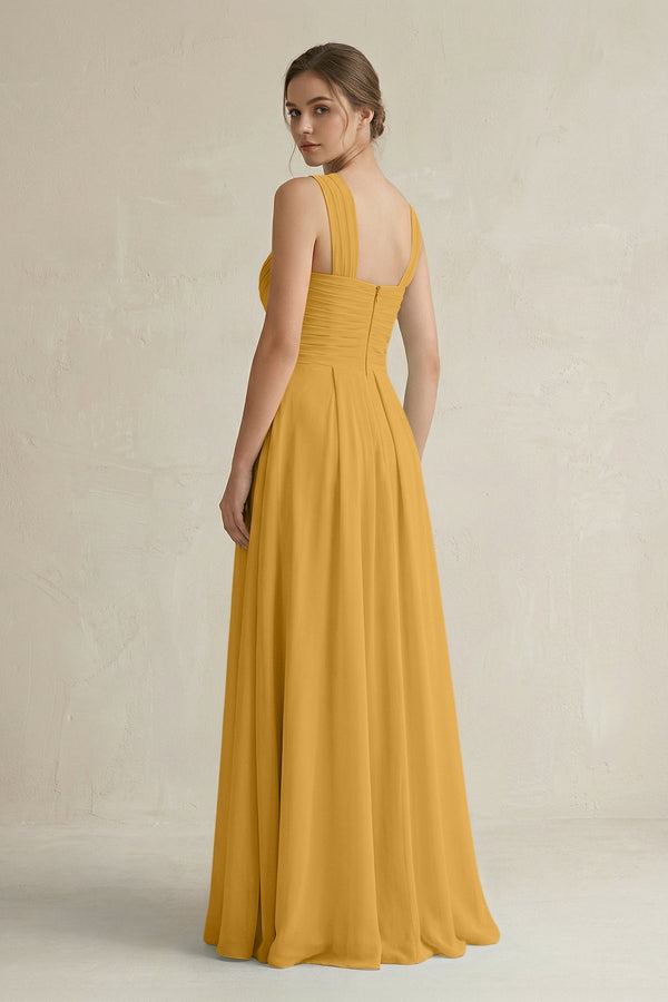 Cross Halter Chiffon A - Line Pleated Bridesmaid Dress in Marigold - SHE IS ME Bridesmaid Dresses