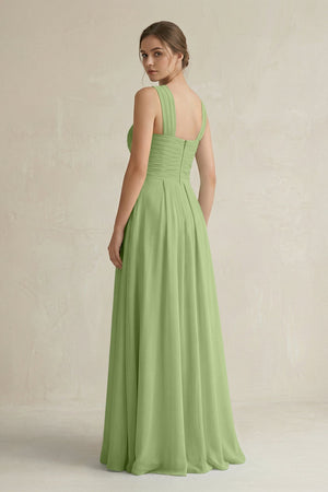 Cross Halter Chiffon A - Line Pleated Bridesmaid Dress in Matcha - SHE IS ME Bridesmaid Dresses