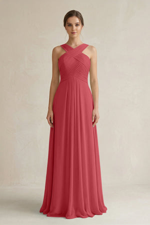 Cross Halter Chiffon A - Line Pleated Bridesmaid Dress in Merlot - SHE IS ME Bridesmaid Dresses