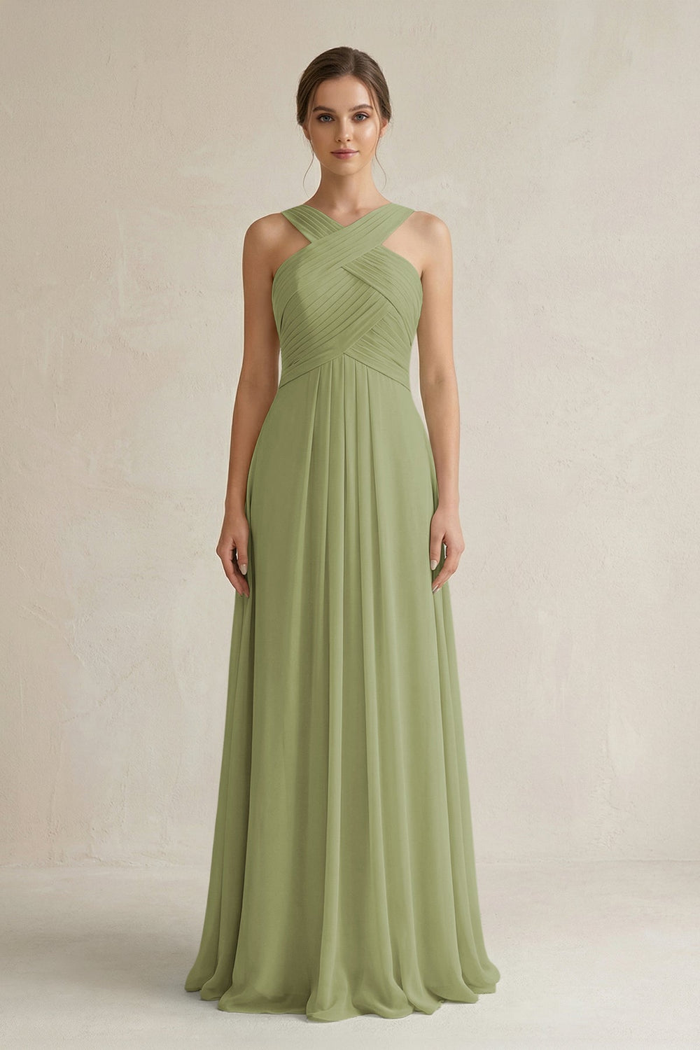 Cross Halter Chiffon A - Line Pleated Bridesmaid Dress in Moss Green - SHE IS ME Bridesmaid Dresses
