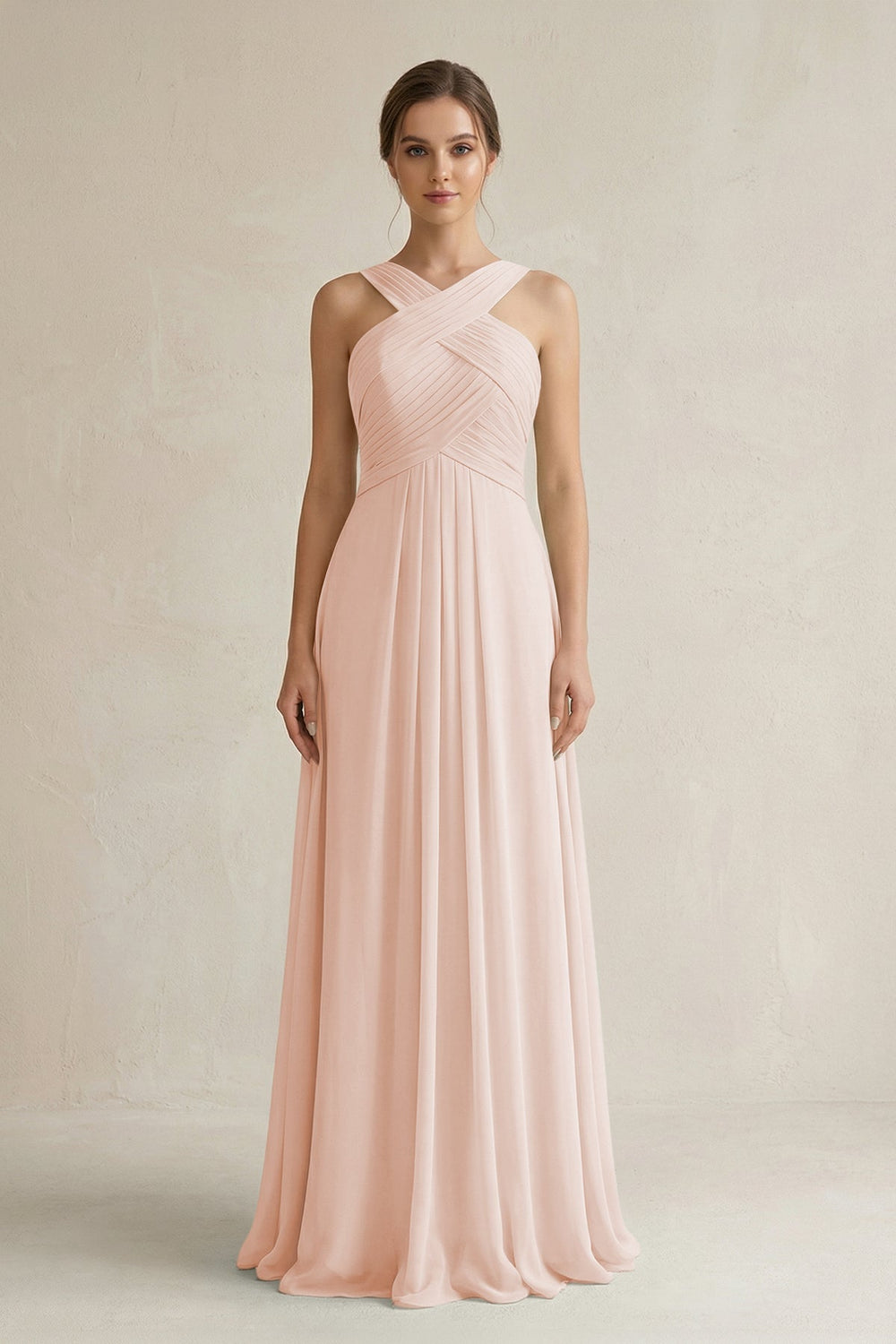 Cross Halter Chiffon A - Line Pleated Bridesmaid Dress in Pale Blush - SHE IS ME Bridesmaid Dresses