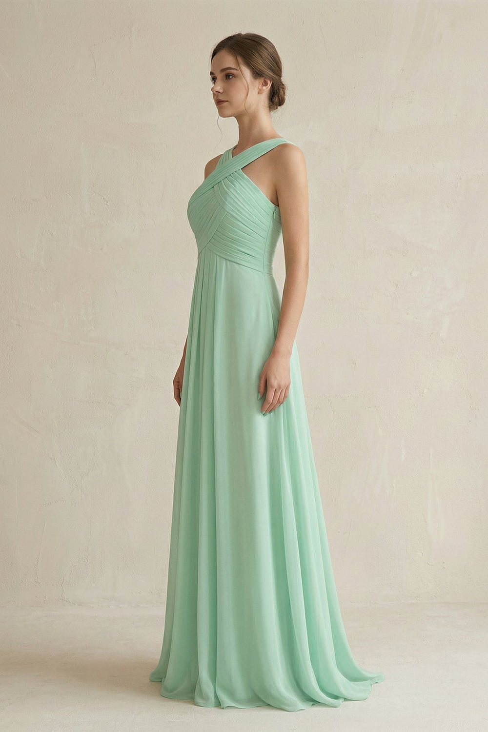 Cross Halter Chiffon A-Line Pleated Bridesmaid Dress in Pale Pistachio - SHE IS ME BRIDESMAID DRESSES
