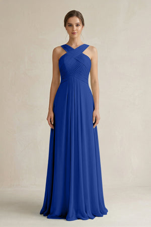 Cross Halter Chiffon A - Line Pleated Bridesmaid Dress in Royal Blue - SHE IS ME Bridesmaid Dresses