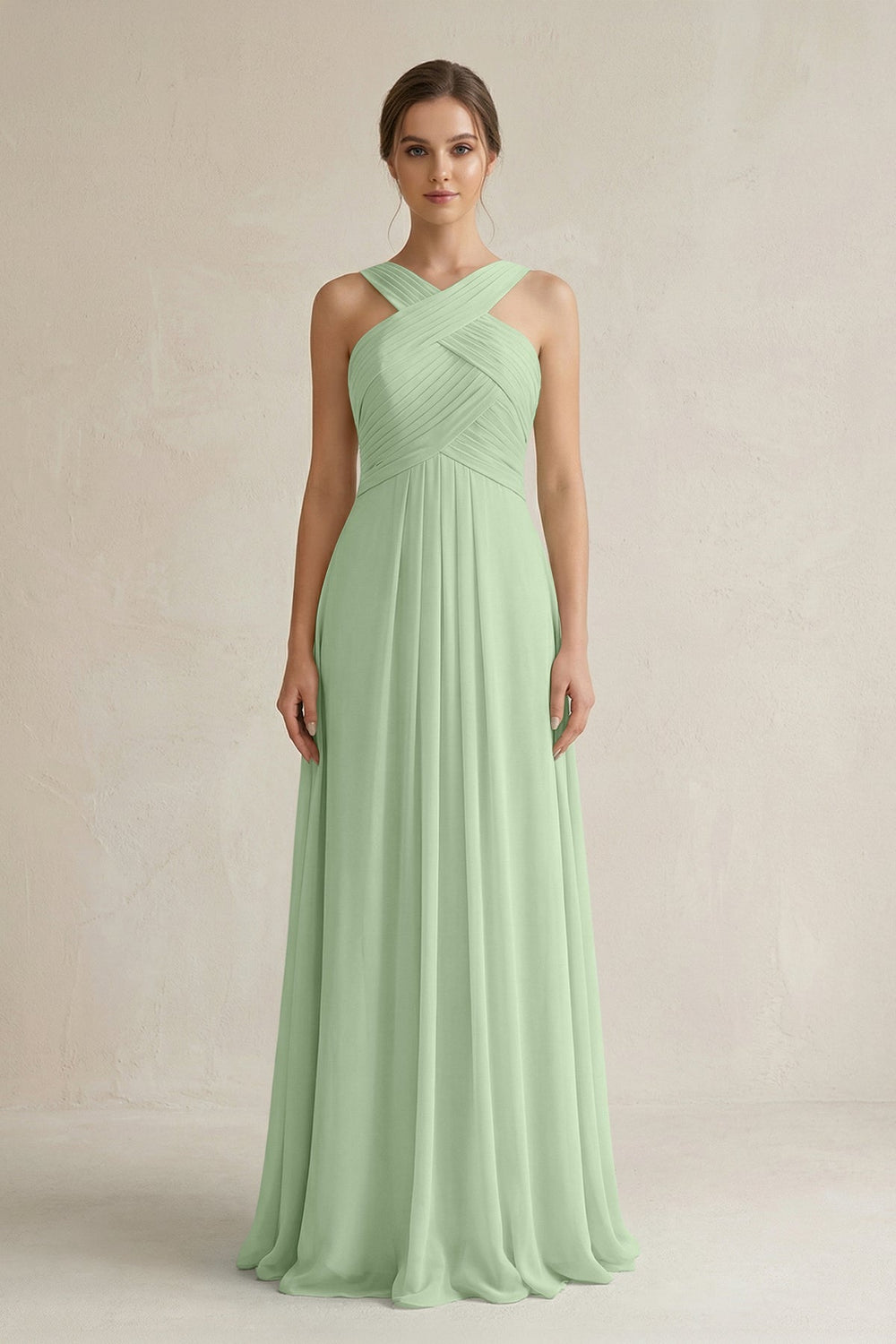 Cross Halter Chiffon A - Line Pleated Bridesmaid Dress in Sage - SHE IS ME Bridesmaid Dresses