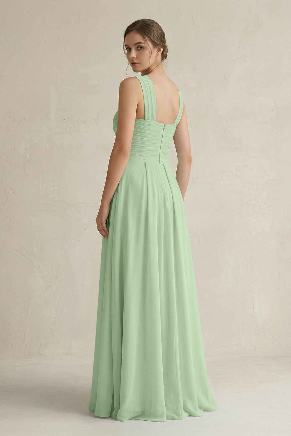 Cross Halter Chiffon A - Line Pleated Bridesmaid Dress in Sage - SHE IS ME Bridesmaid Dresses