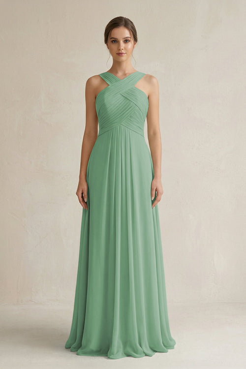 Cross Halter Chiffon A - Line Pleated Bridesmaid Dress in Sea Glass - SHE IS ME Bridesmaid Dresses