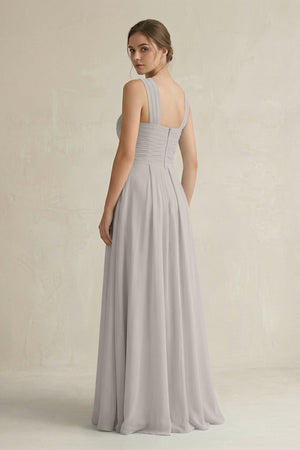 Cross Halter Chiffon A - Line Pleated Bridesmaid Dress in Silver - SHE IS ME Bridesmaid Dresses