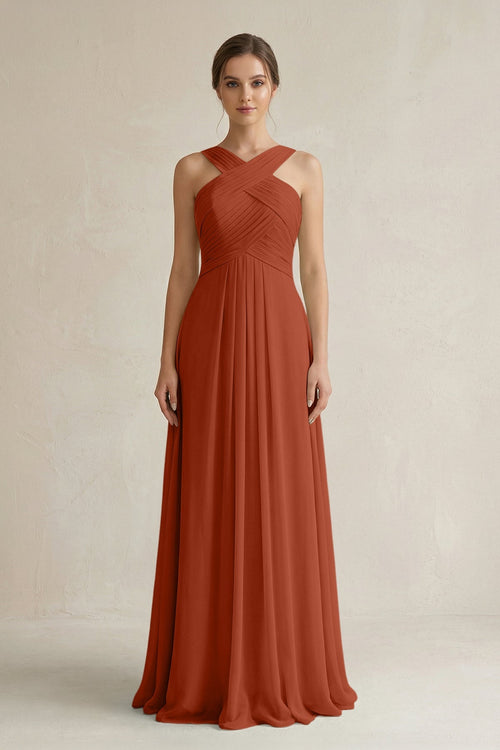 Cross Halter Chiffon A - Line Pleated Bridesmaid Dress in Spice - SHE IS ME Bridesmaid Dresses