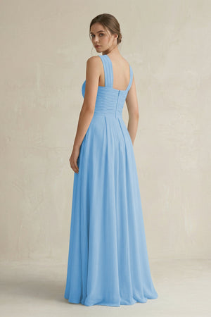 Cross Halter Chiffon A - Line Pleated Bridesmaid Dress in Steel Blue - SHE IS ME Bridesmaid Dresses