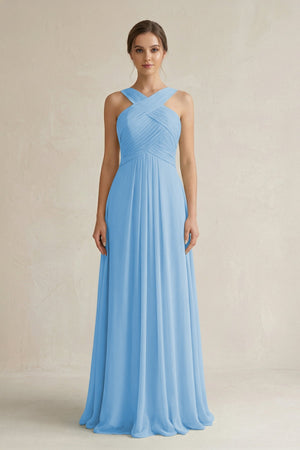 Cross Halter Chiffon A - Line Pleated Bridesmaid Dress in Steel Blue - SHE IS ME Bridesmaid Dresses