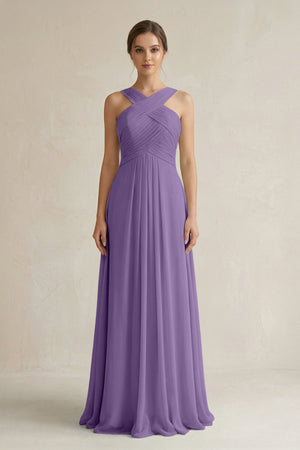 Cross Halter Chiffon A - Line Pleated Bridesmaid Dress in Tahiti - SHE IS ME Bridesmaid Dresses