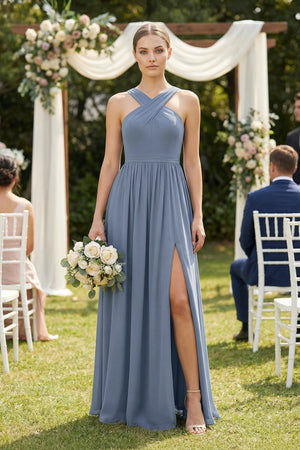 Cross Halter Neck Chiffon A-Line Bridesmaid Dress With Slit in Neptune - SHE IS ME BRIDESMAID DRESSES