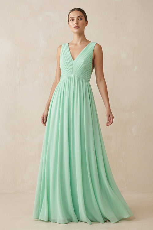 Deep V-Neck Pleated A-Line Chiffon Bridesmaid Dress in Pale Pistachio - SHE IS ME BRIDESMAID DRESSES