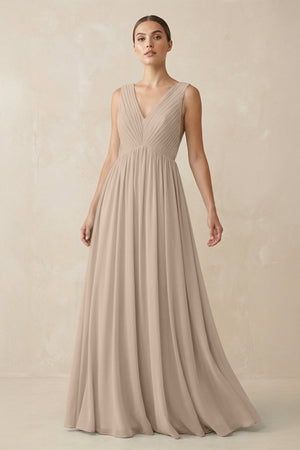 Deep V - Neck Pleated A - Line Chiffon Bridesmaid Dress in Almond - SHE IS ME Bridesmaid Dresses