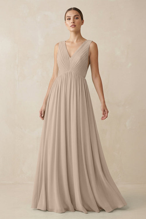 Deep V - Neck Pleated A - Line Chiffon Bridesmaid Dress in Almond - SHE IS ME Bridesmaid Dresses