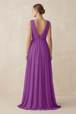 Deep V - Neck Pleated A - Line Chiffon Bridesmaid Dress in Amethyst - SHE IS ME Bridesmaid Dresses