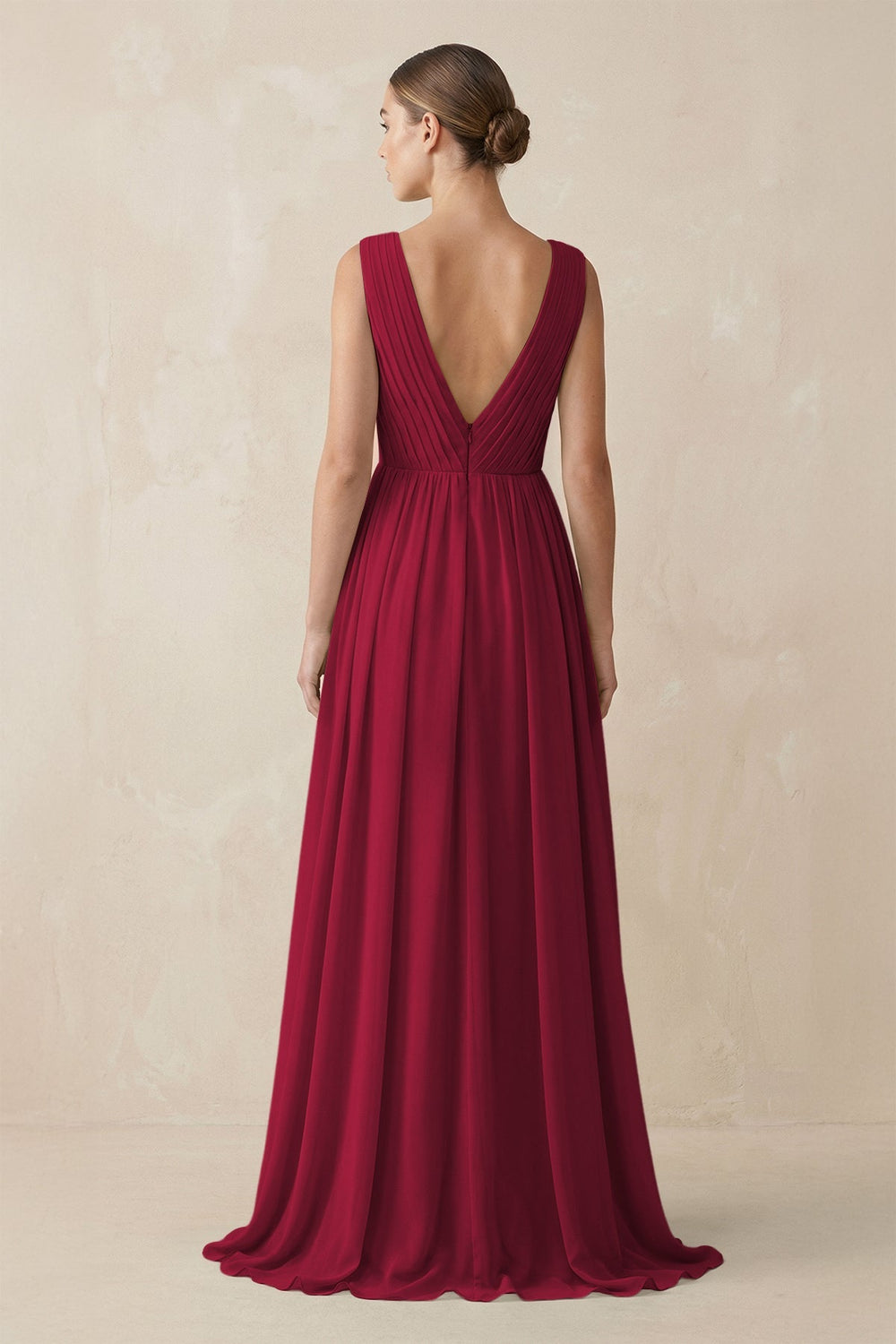 Deep V - Neck Pleated A - Line Chiffon Bridesmaid Dress in Berry - SHE IS ME Bridesmaid Dresses