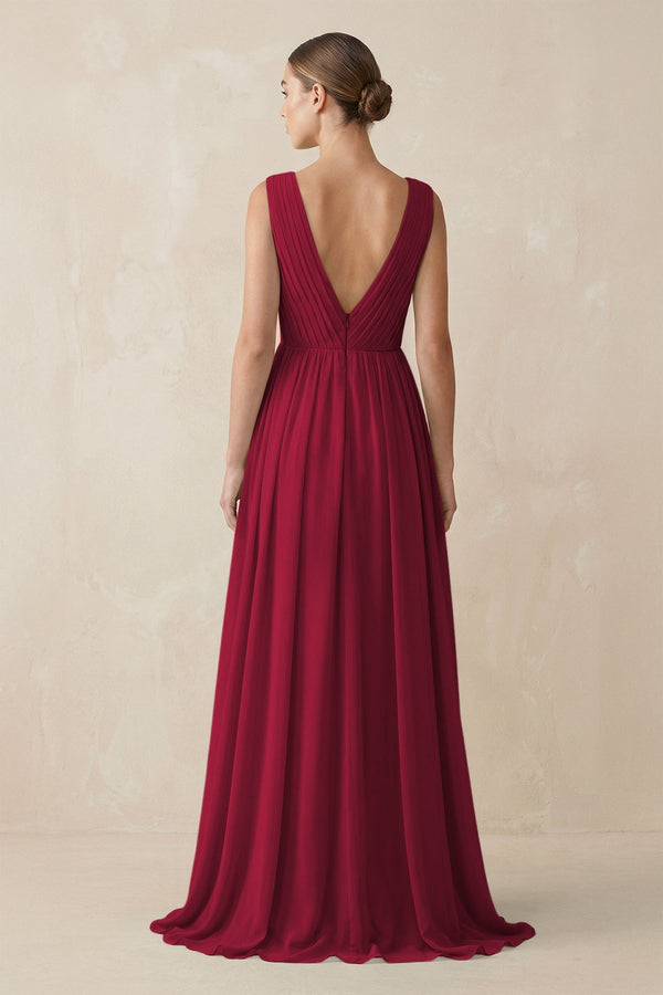 Deep V - Neck Pleated A - Line Chiffon Bridesmaid Dress in Berry - SHE IS ME Bridesmaid Dresses