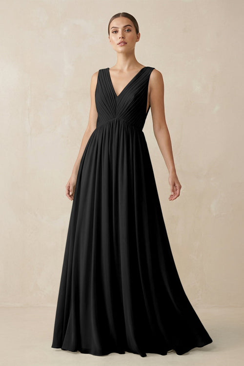 Deep V - Neck Pleated A - Line Chiffon Bridesmaid Dress in Black - SHE IS ME Bridesmaid Dresses