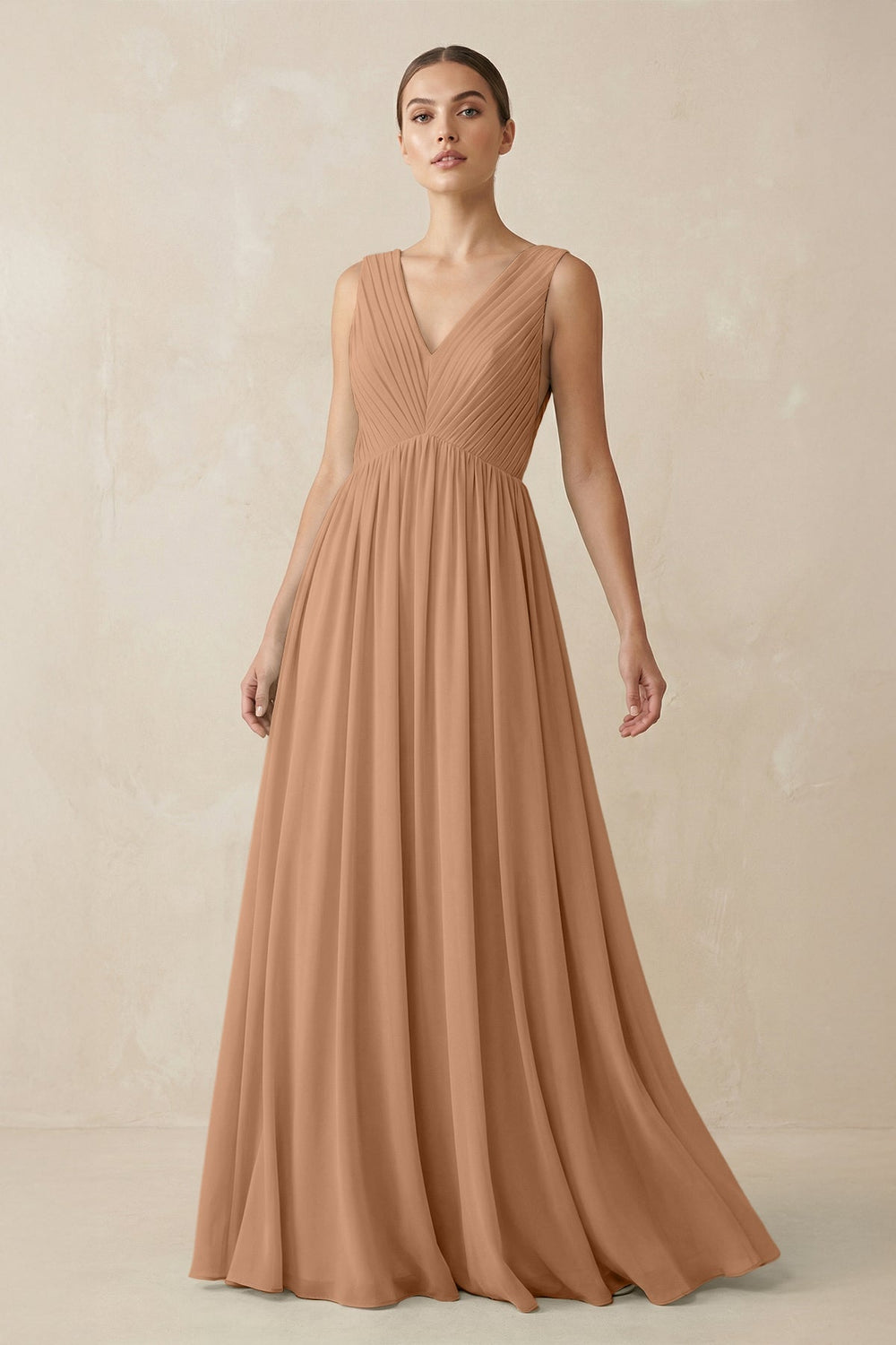 Deep V - Neck Pleated A - Line Chiffon Bridesmaid Dress in Bronzer - SHE IS ME Bridesmaid Dresses