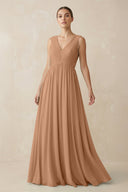 Deep V - Neck Pleated A - Line Chiffon Bridesmaid Dress in Bronzer - SHE IS ME Bridesmaid Dresses