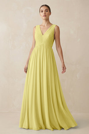 Deep V - Neck Pleated A - Line Chiffon Bridesmaid Dress in Buttercup - SHE IS ME Bridesmaid Dresses