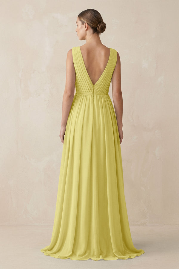 Deep V - Neck Pleated A - Line Chiffon Bridesmaid Dress in Buttercup - SHE IS ME Bridesmaid Dresses