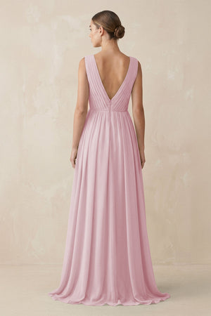 Deep V - Neck Pleated A - Line Chiffon Bridesmaid Dress in Candy Pink - SHE IS ME Bridesmaid Dresses
