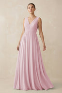 Deep V - Neck Pleated A - Line Chiffon Bridesmaid Dress in Candy Pink - SHE IS ME Bridesmaid Dresses