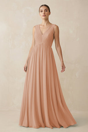 Deep V - Neck Pleated A - Line Chiffon Bridesmaid Dress in Champagne Rose - SHE IS ME Bridesmaid Dresses