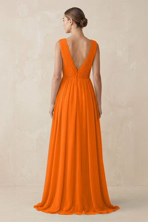 Deep V - Neck Pleated A - Line Chiffon Bridesmaid Dress in Cinnamon - SHE IS ME Bridesmaid Dresses