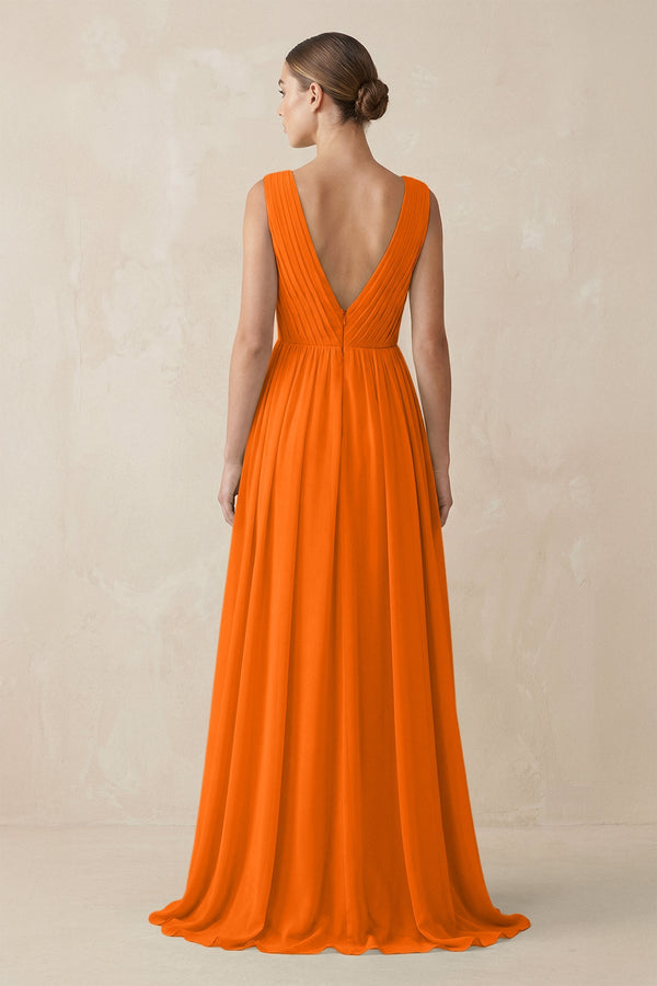 Deep V - Neck Pleated A - Line Chiffon Bridesmaid Dress in Cinnamon - SHE IS ME Bridesmaid Dresses
