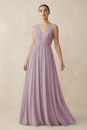Deep V - Neck Pleated A - Line Chiffon Bridesmaid Dress in Dusk - SHE IS ME Bridesmaid Dresses