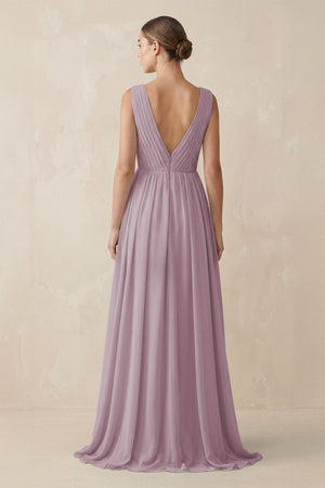 Deep V - Neck Pleated A - Line Chiffon Bridesmaid Dress in Dusk - SHE IS ME Bridesmaid Dresses