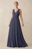 Deep V - Neck Pleated A - Line Chiffon Bridesmaid Dress in Dusk Blue - SHE IS ME Bridesmaid Dresses
