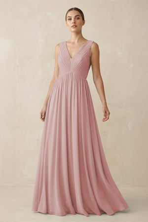 Deep V - Neck Pleated A - Line Chiffon Bridesmaid Dress in Dusty Rose - SHE IS ME Bridesmaid Dresses