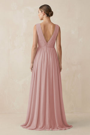 Deep V - Neck Pleated A - Line Chiffon Bridesmaid Dress in Dusty Rose - SHE IS ME Bridesmaid Dresses